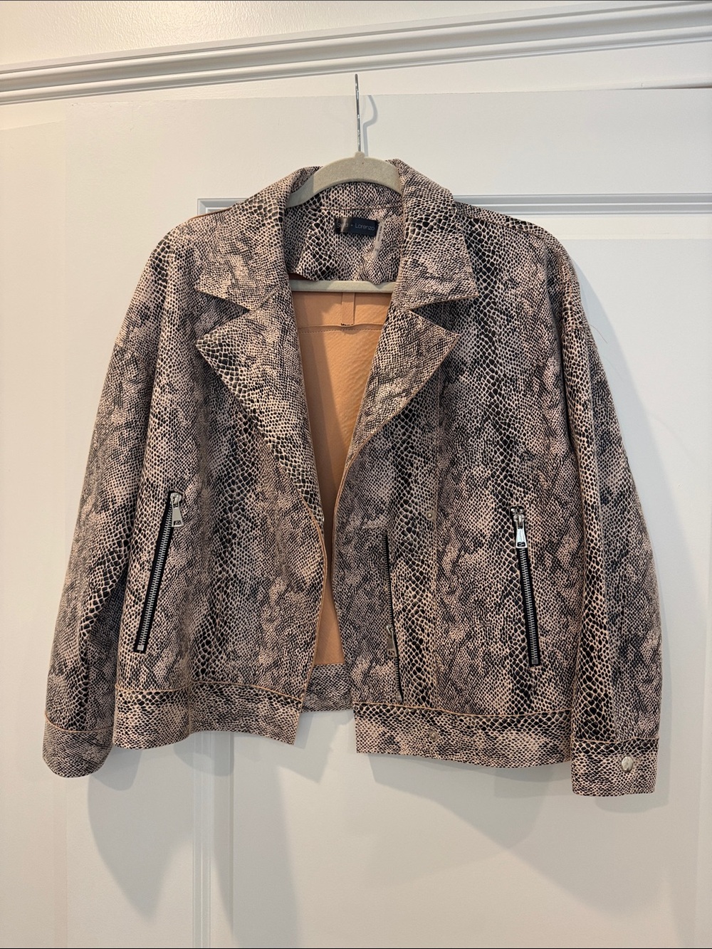Stella + Lorenzo Snake-Print Moto Jacket in Taupe and Black